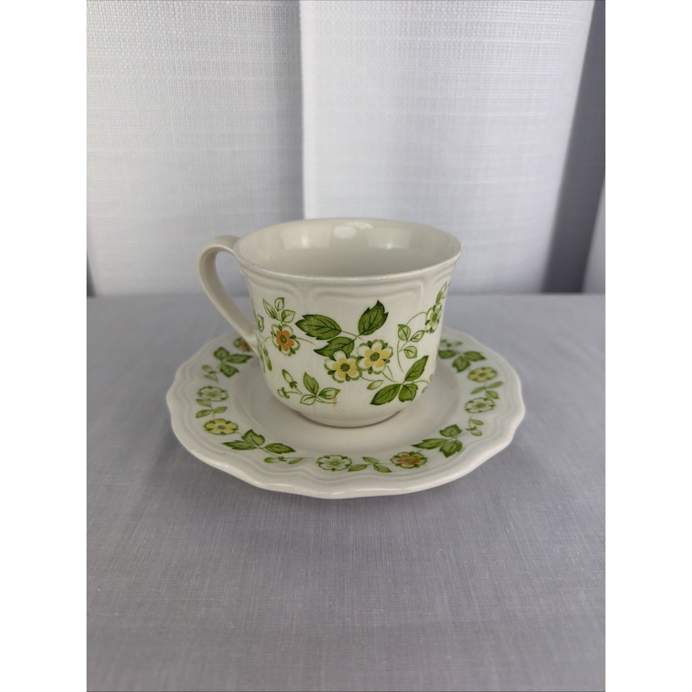 Petite Flora Ironstone Cup & Saucer Green Floral Flower Japan Sears 4009 3-6